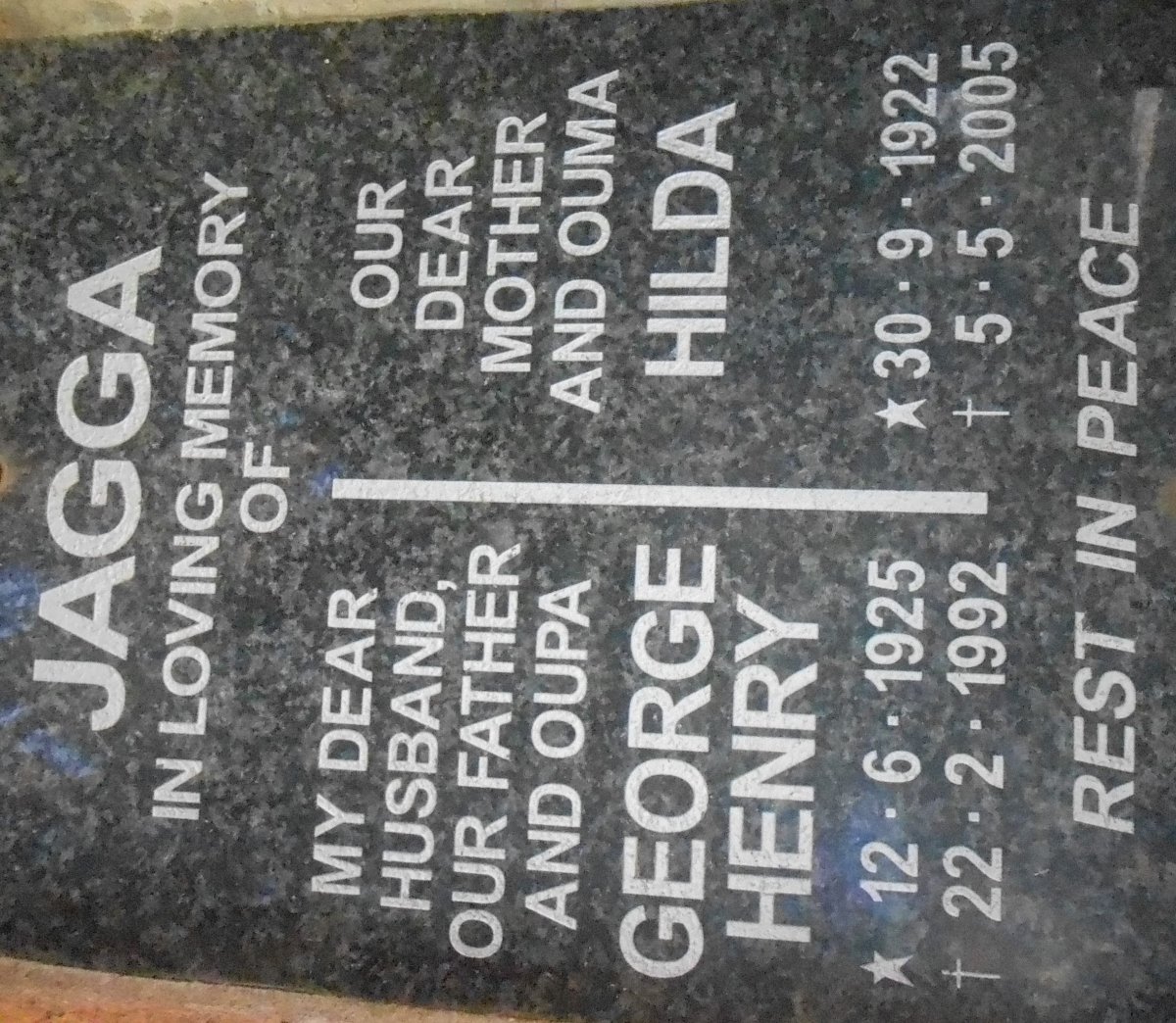 JAGGA George Henry 1925-1992 &amp; Hilda 1922-2005