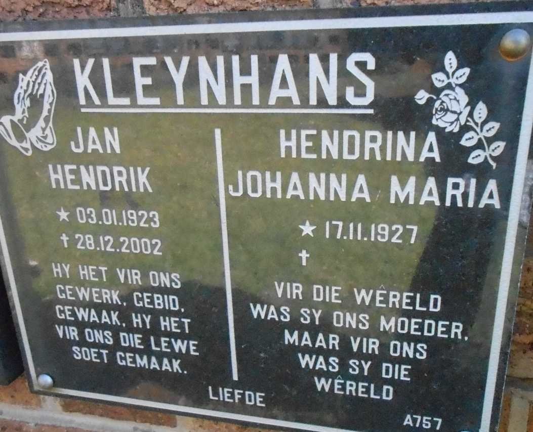 KLEYNHANS Jan Hendrik 1923-2002 &amp; Hendrina Johanna Maria 1927-