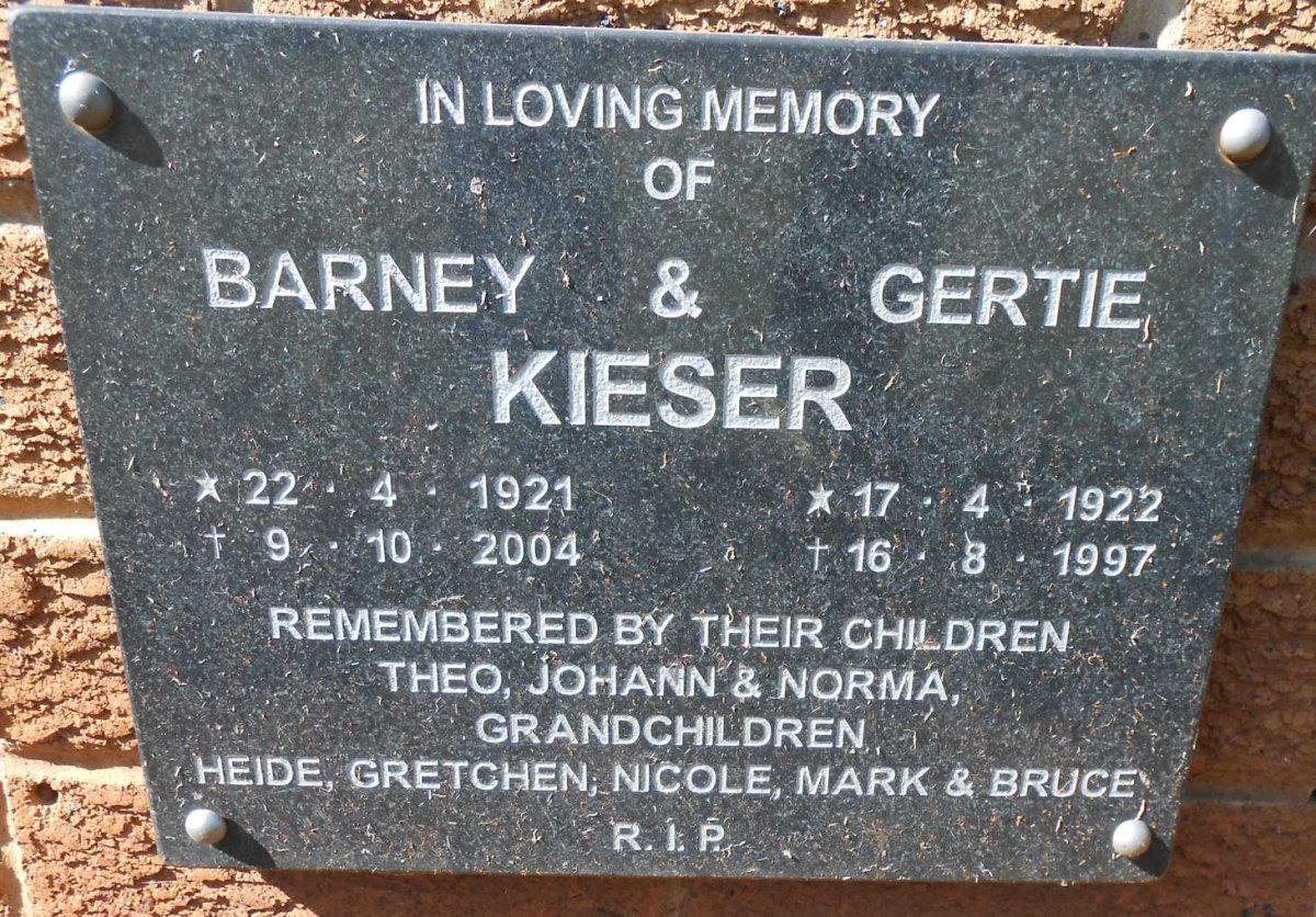 KIESER Barney 1921-2004 &amp; Gertie 1922-1997