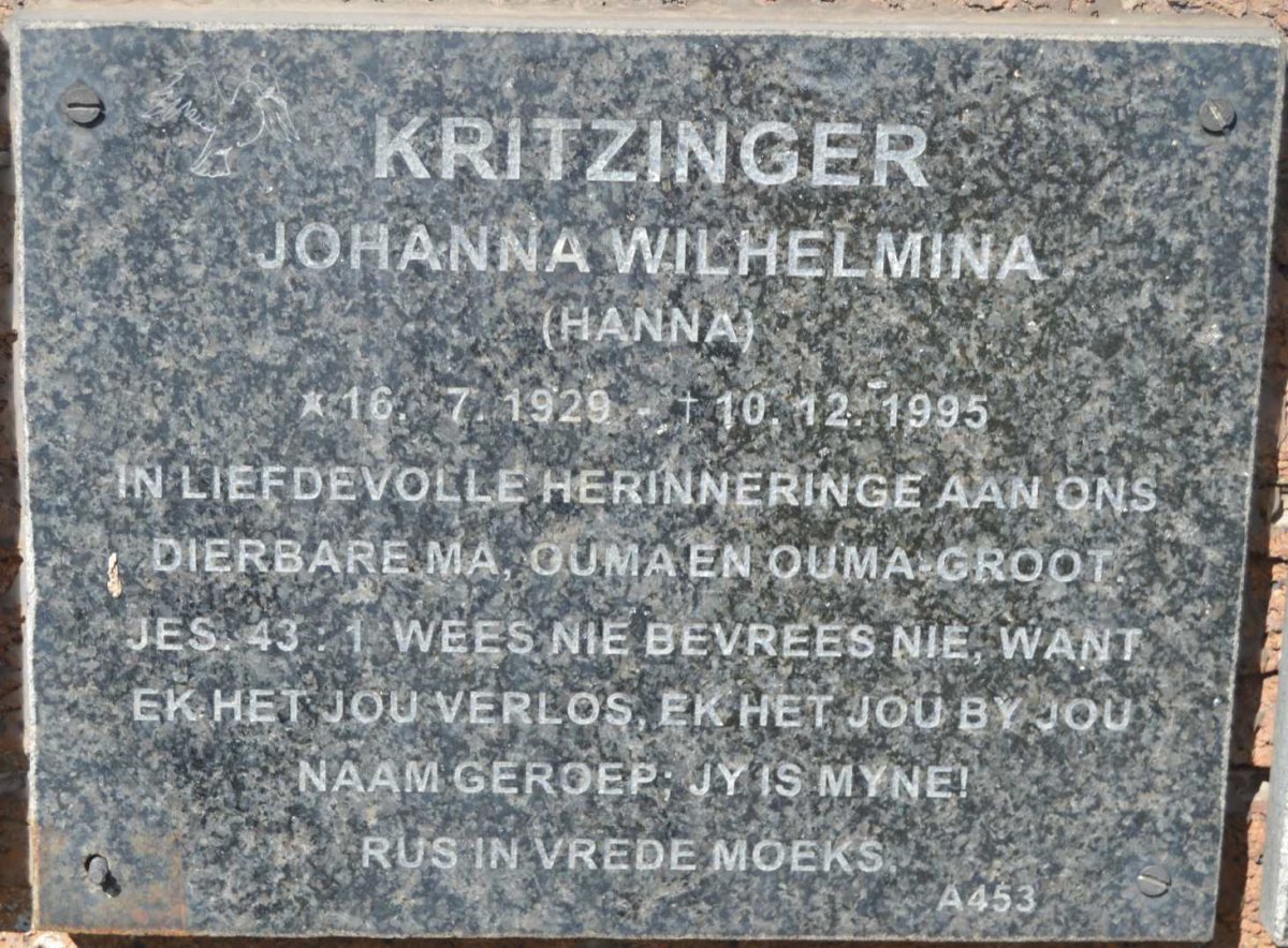 KRITZINGER Johanna Wilhelmina 1929-1995