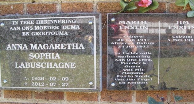LABUSCHAGNE Anna Magaretha Sophia 1926-2012 :: ENSLIN Jim 194?- &amp; Martie 1947-2012