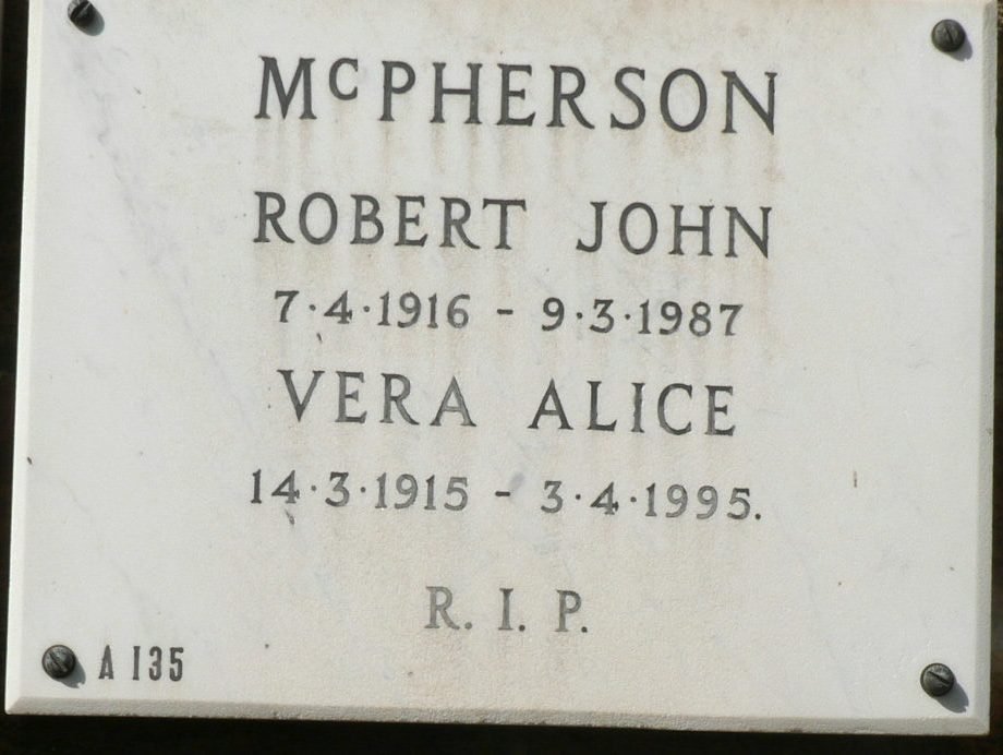 McPHERSON Robert John 1916-1987 &amp; Vera Alice 1915-1995
