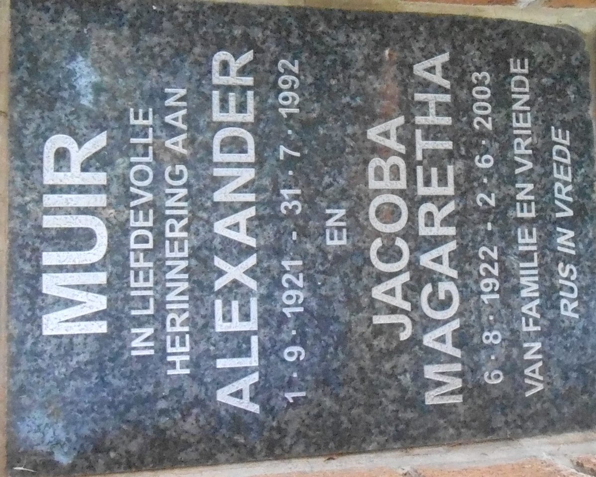 MUIR Alexander 1921-1992 &amp; Jacoba Magaretha 1922-2003