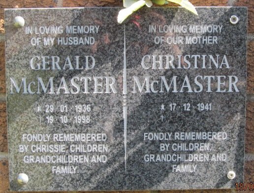 McMASTER Gerald 1936-1998 &amp; Christina 1941-