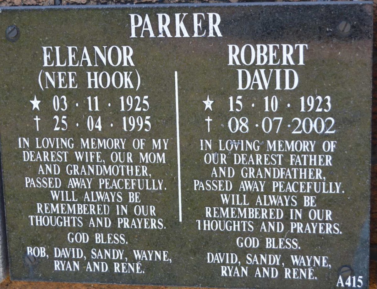 PARKER Robert David 1923-2002 &amp; Eleanor HOOK 1925-1995