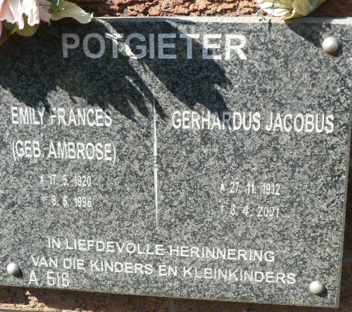 POTGIETER Gerhardus Jacobus 1912-2001 &amp; Emily Frances AMBROSE 1920-1996
