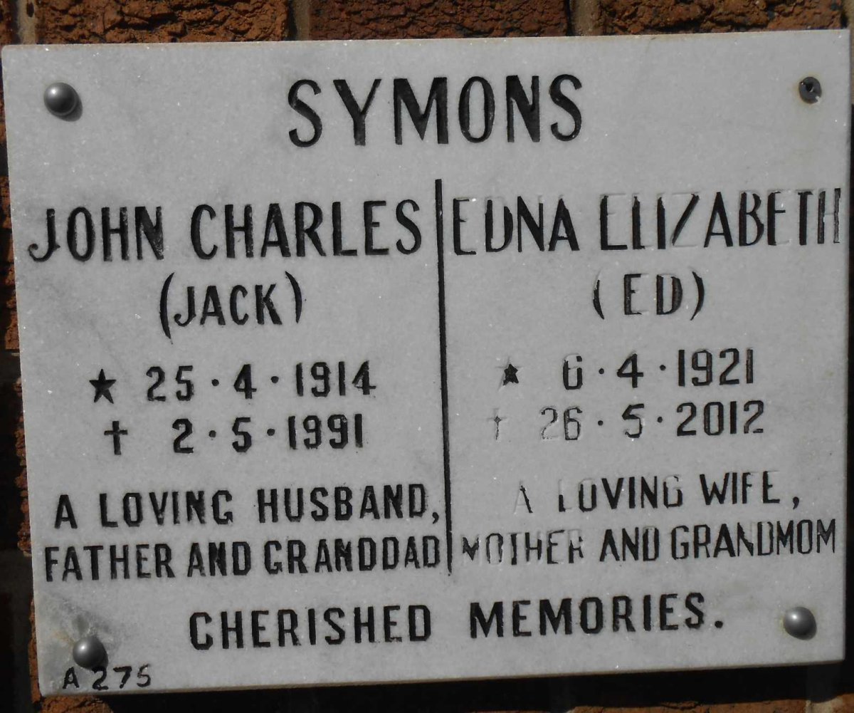 SYMONS John Charles 1914-1991 &amp; Edna Elizabeth 1921-2012