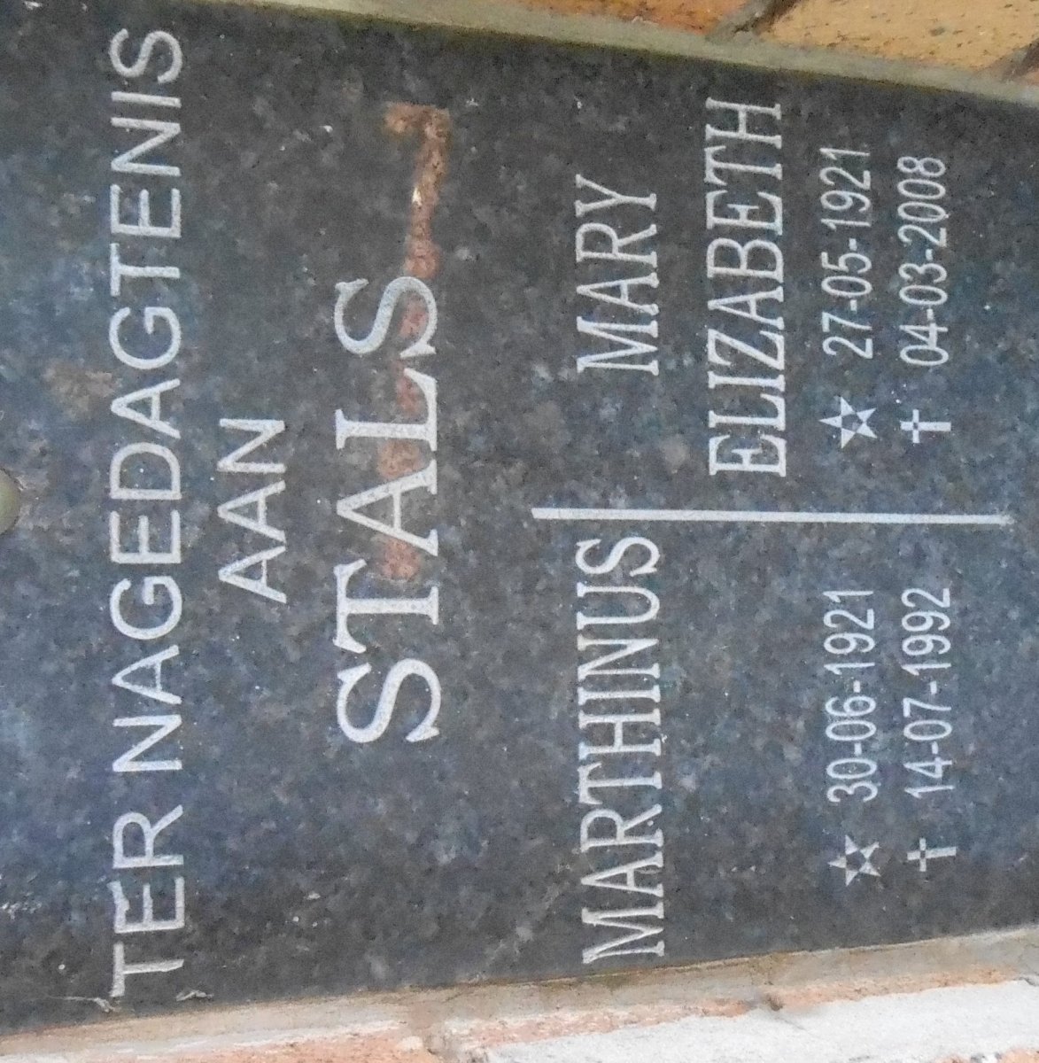 STALS Marthinus 1921-1992 &amp; Mary Elizabeth 1921-2008