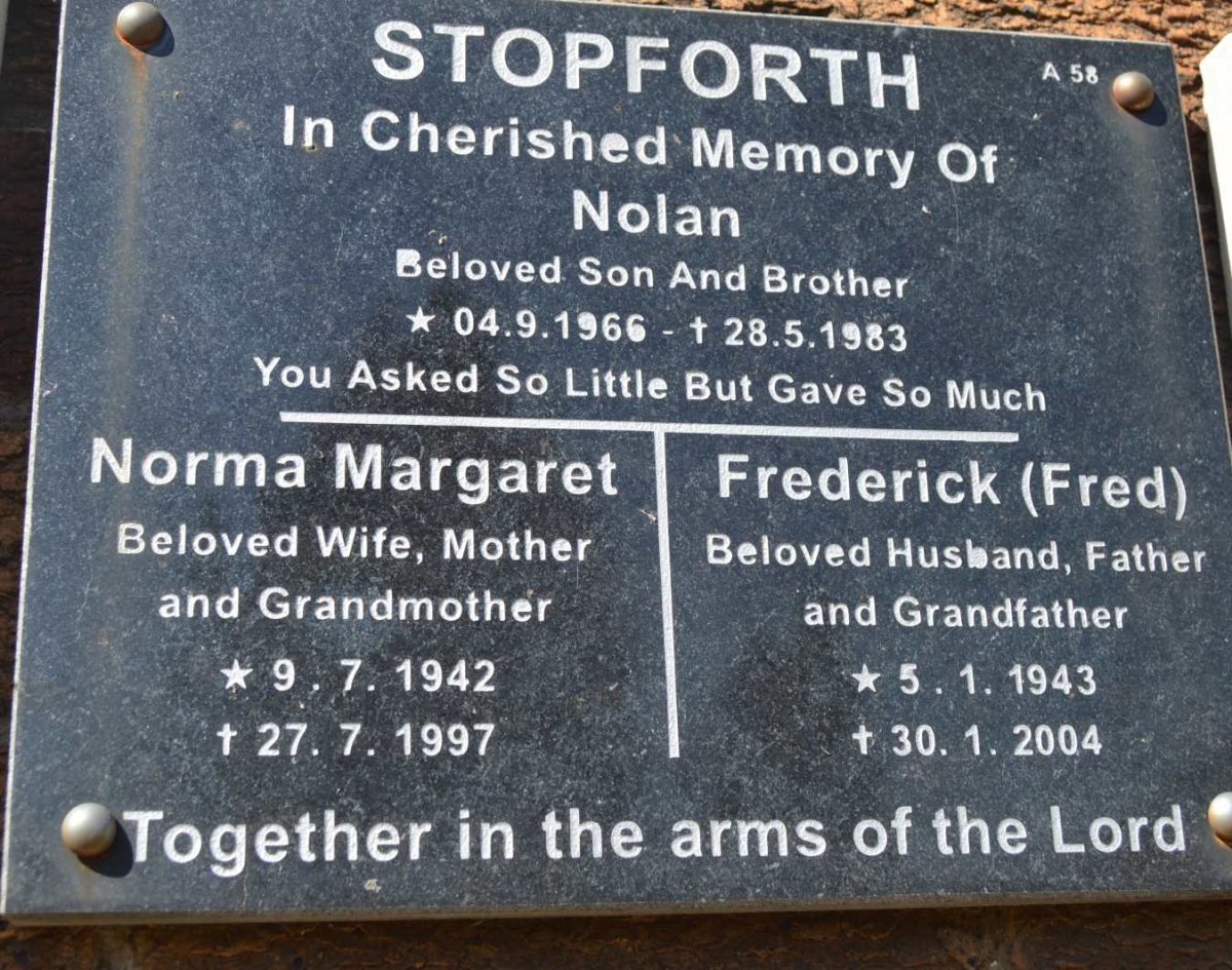 STOPFORTH Frederick 1943-2004 &amp; Norma Margaret 1942-1997 :: STOPFORTH Nolan 1966-1983