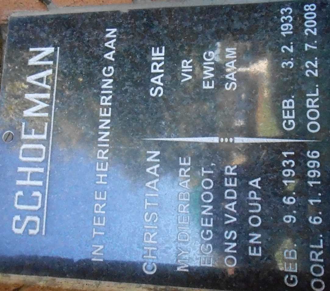 SCHOEMAN Christiaan 1931-1996 &amp; Sarie 1933-2008
