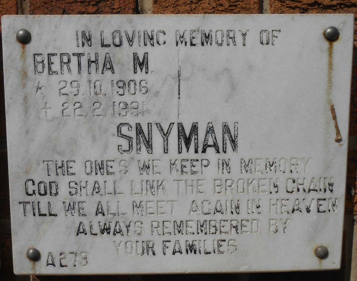 SNYMAN Bertha M. 1906-1991