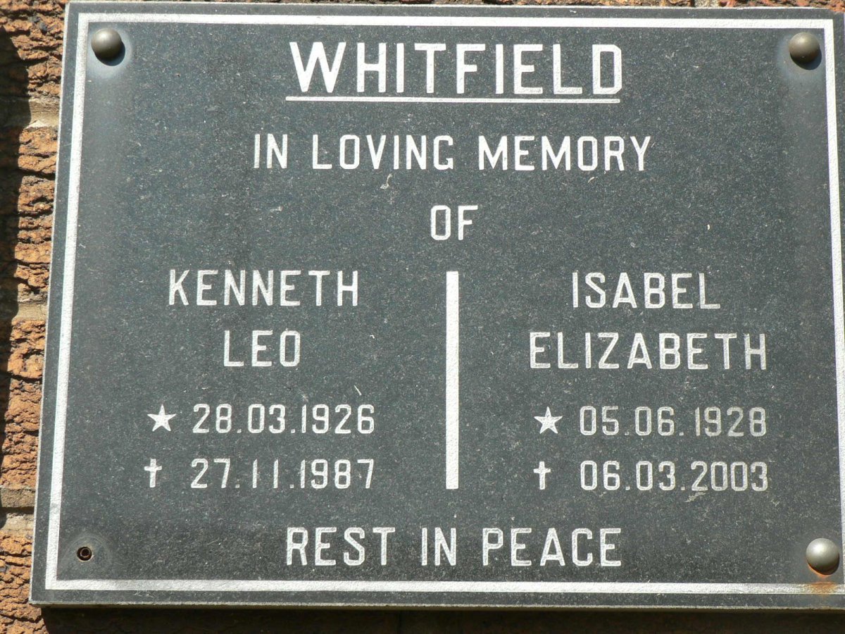 WHITFIELD Kenneth Leo 1926-1987 &amp; Isabel Elizabeth 1928-2003