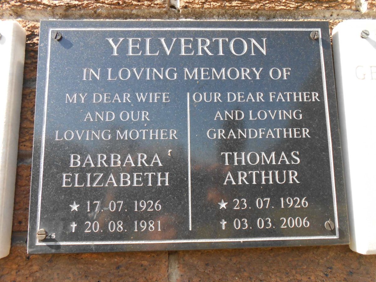 YELVERTON Thomas Arthur 1926-2006 &amp; Barbara Elizabeth 1926-1981