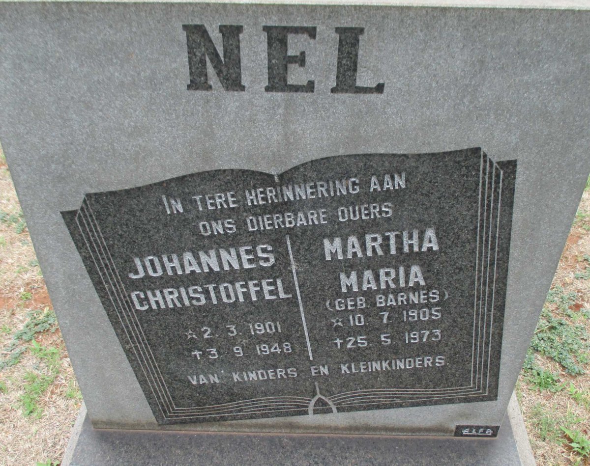 NEL Johannes Christoffel 1901-1948 &amp; Martha Maria BARNES 1905-1973