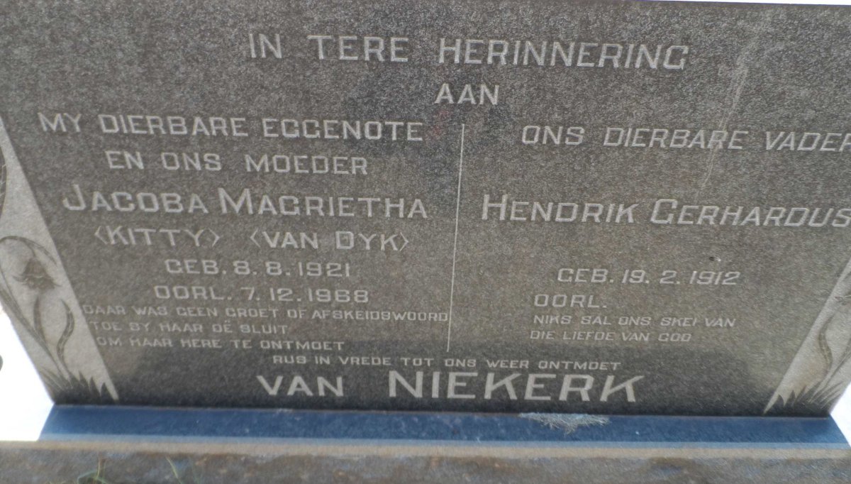 NIEKERK Hendrik Gerhardus, van 1912- &amp; Jacoba Magrietha VAN DYK 1921-1968