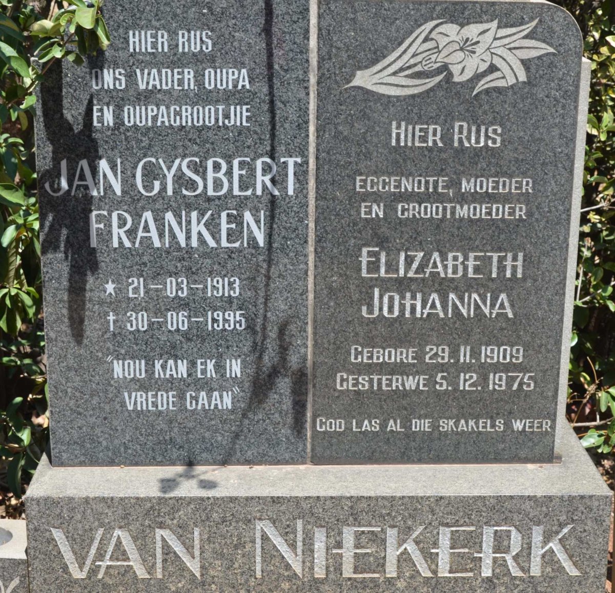 NIEKERK Jan Gysbert Franken, van 1913-1995 &amp; Elizabeth Johanna 1909-1975