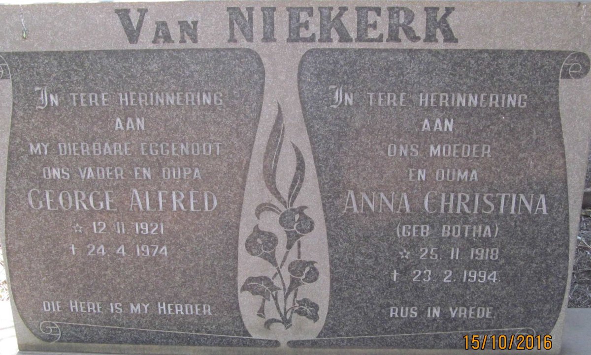 NIEKERK George Alfred, van 1921-1974 &amp; Anna Christina BOTHA 1918-1994