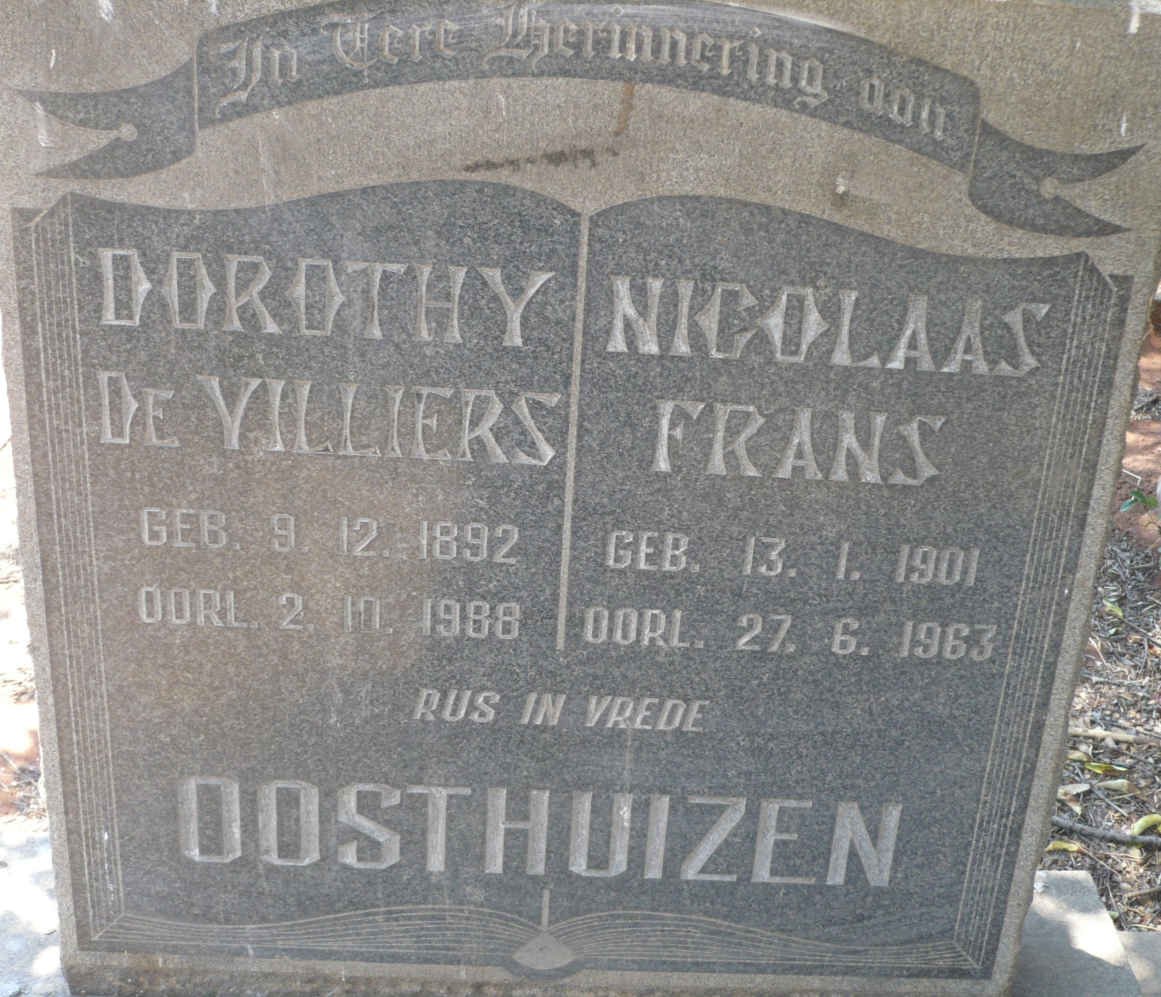 OOSTHUIZEN Nicolaas Frans 1901-1963 &amp; Dorothy DE VILLIERS 1892-1988