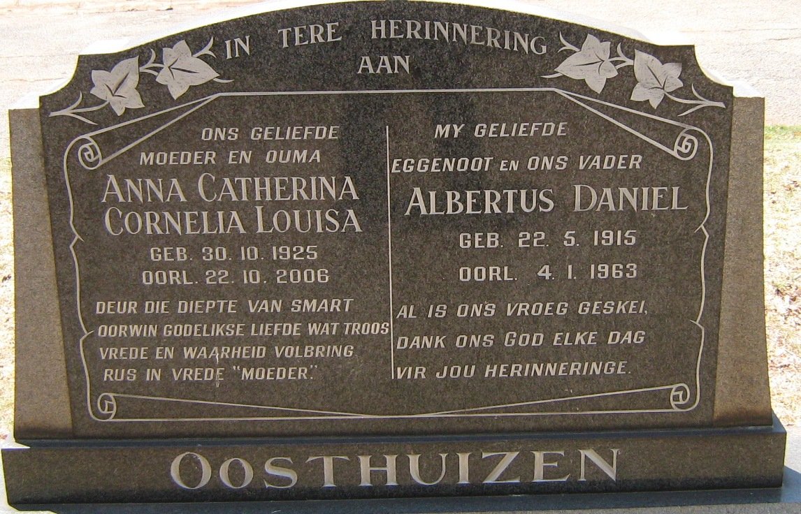 OOSTHUIZEN Albertus Daniel 1915-1963 &amp; Anna Catherina Cornelia Louisa 1925-2006