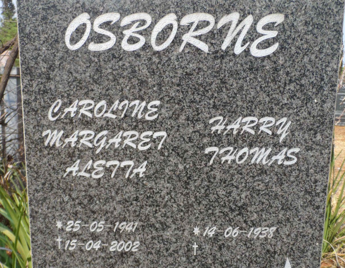 OSBORNE Harry Thomas 1938- &amp; Caroline Margaret Aletta 1941-2002