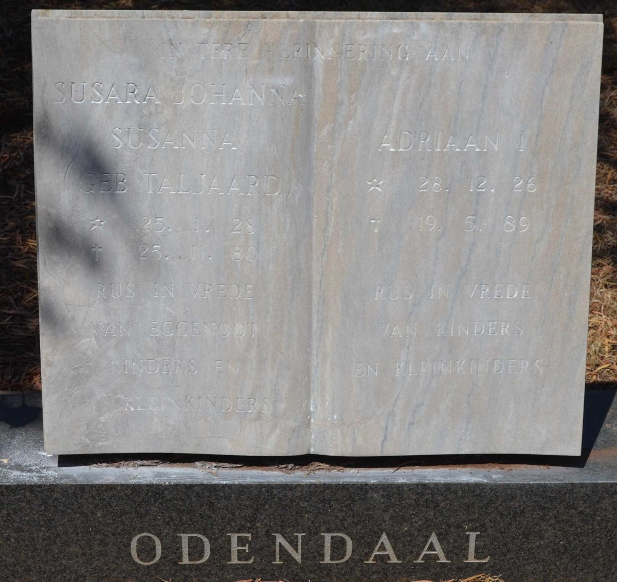 ODENDAAL Adriaan I. 1926-1989 &amp; Susara Johanna Susanna TALJAARD 1928-1980