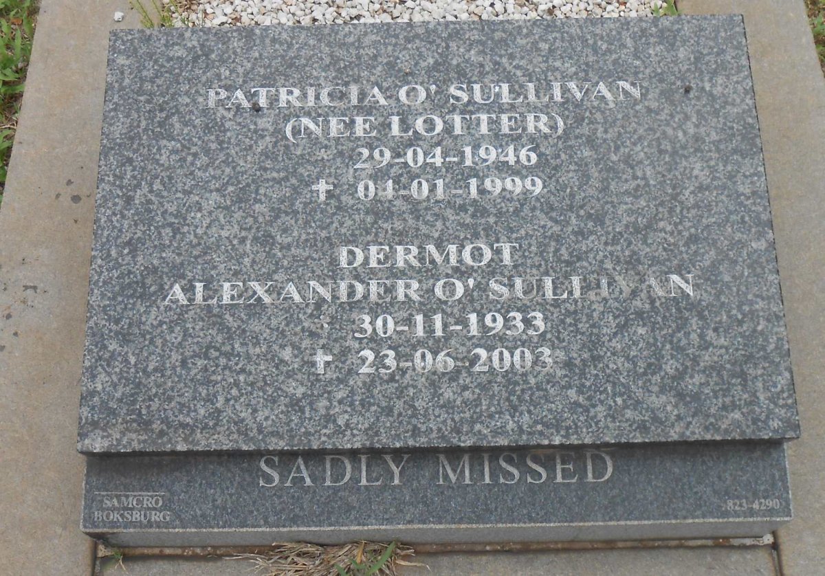 O'SULLIVAN Dermot Alexander 1933-2000 &amp; Patricia LOTTER 1946-1999