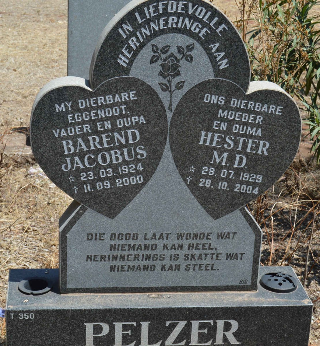 PELZER Barend Jacobus 1924-2000 &amp; Hester M.D. 1929-2004