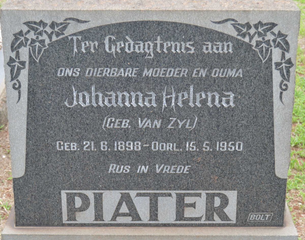 PIATER Johanna Helena nee VAN ZYL 1898-1950