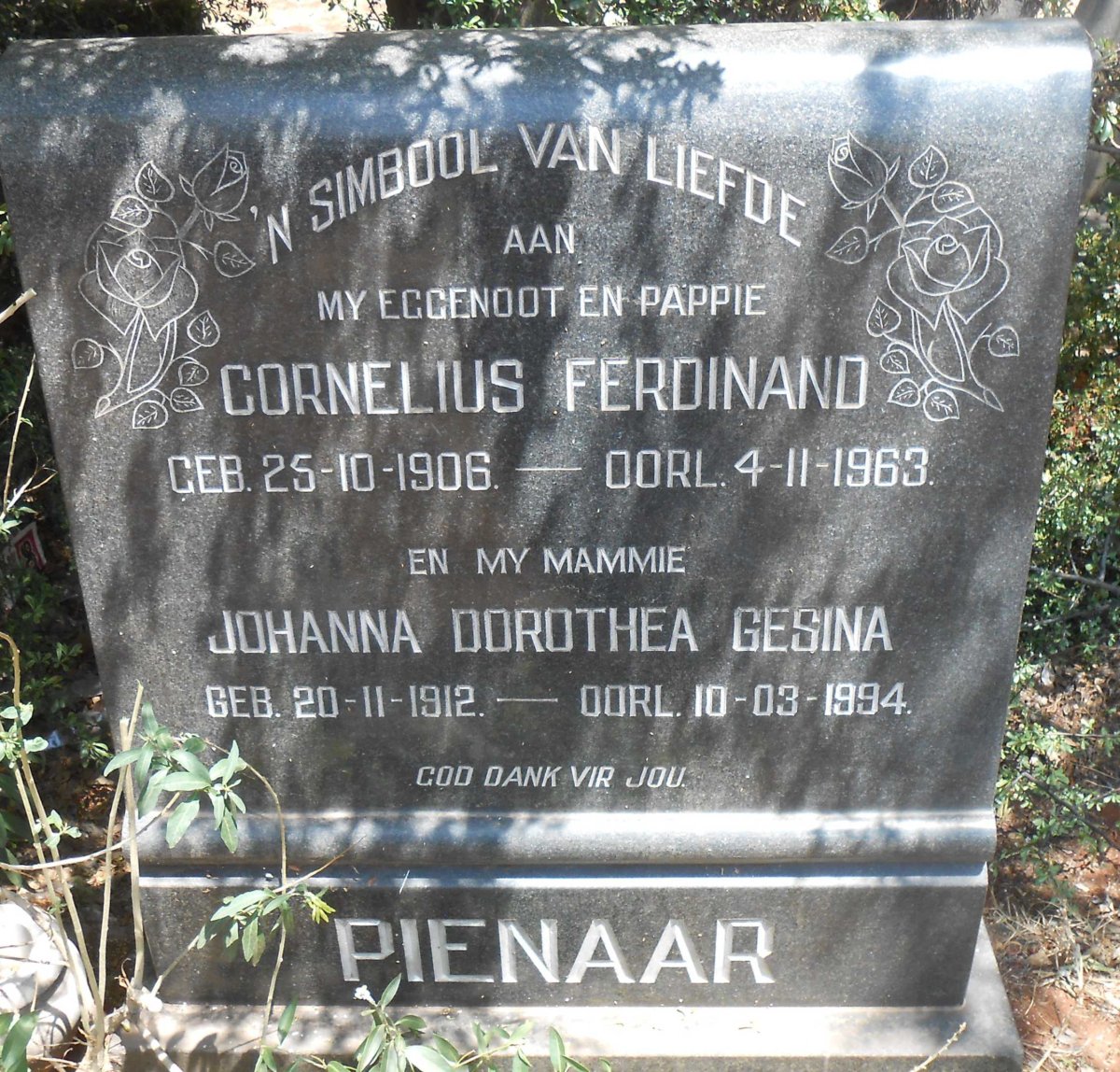 PIENAAR Cornelius Ferdinand 1906-1963 &amp; Johanna Dorothea Gesina 1912-1994