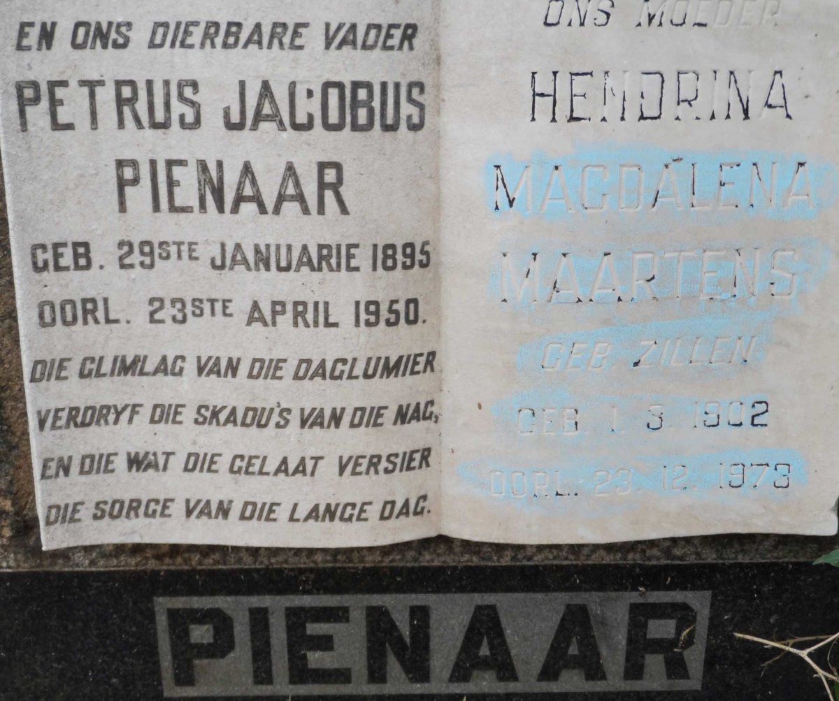 PIENAAR Petrus Jacobus 1895-1950 &amp; MAARTENS Hendrina Magdalena nee ZILLEN 1902-1973
