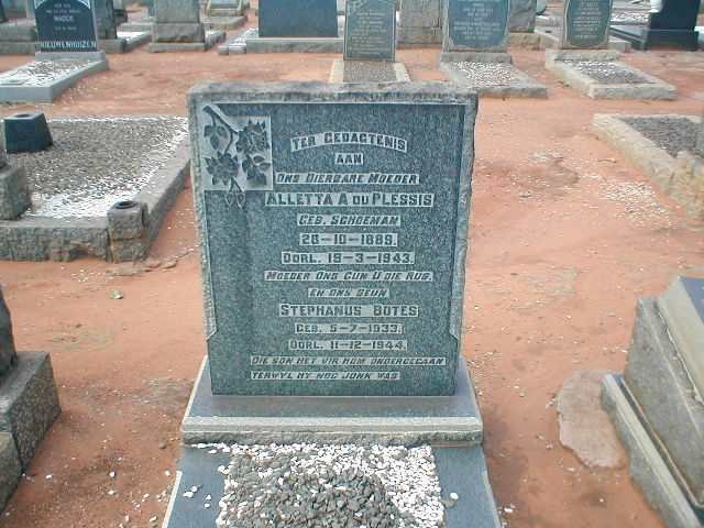 PLESSIS Alletta A., du nee SCHOEMAN 1889-1943 :: DU PLESSIS Stephanus Botes 1933-1944