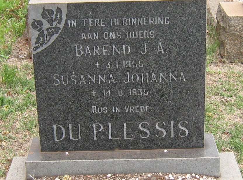 PLESSIS Barend J.A., du -1955 &amp; Susanna Johanna -1935