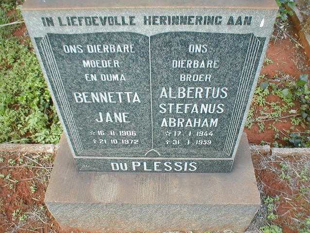 PLESSIS Albertus Stefanus Abraham, du 1944-1959 &amp; Bennetta Jane 1906-1972