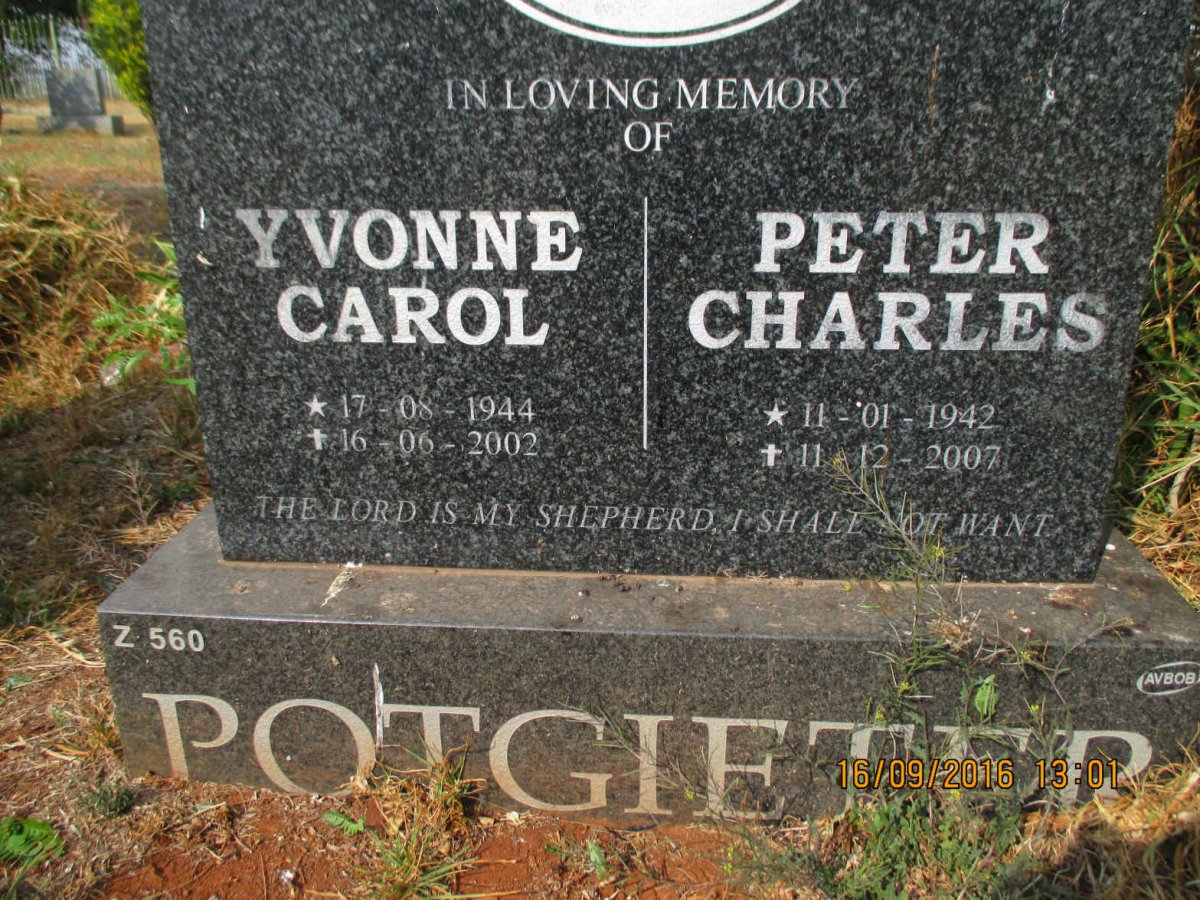 POTGIETER Peter Charles 1942-2007 &amp; Yvonne Carol 1944-2002