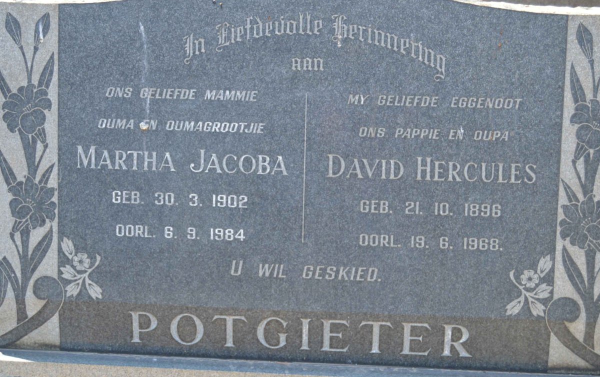 POTGIETER David Hercules 1896-1968 &amp; Martha Jacoba 1902-1984
