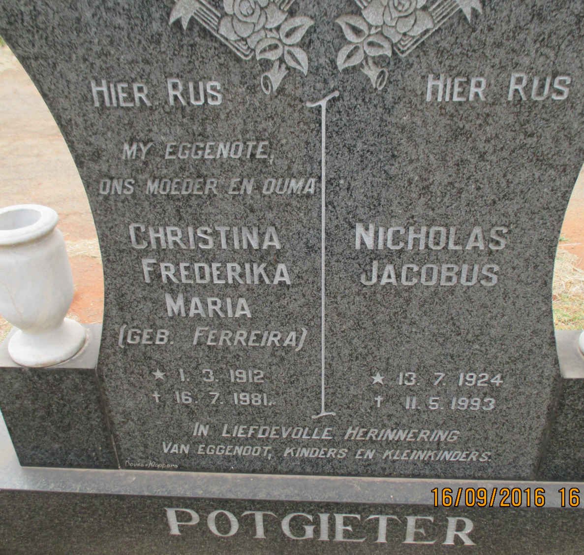 POTGIETER Nicholas Jacobus 1924-1993 &amp; Christina Frederika Maria FERREIRA 1912-1981