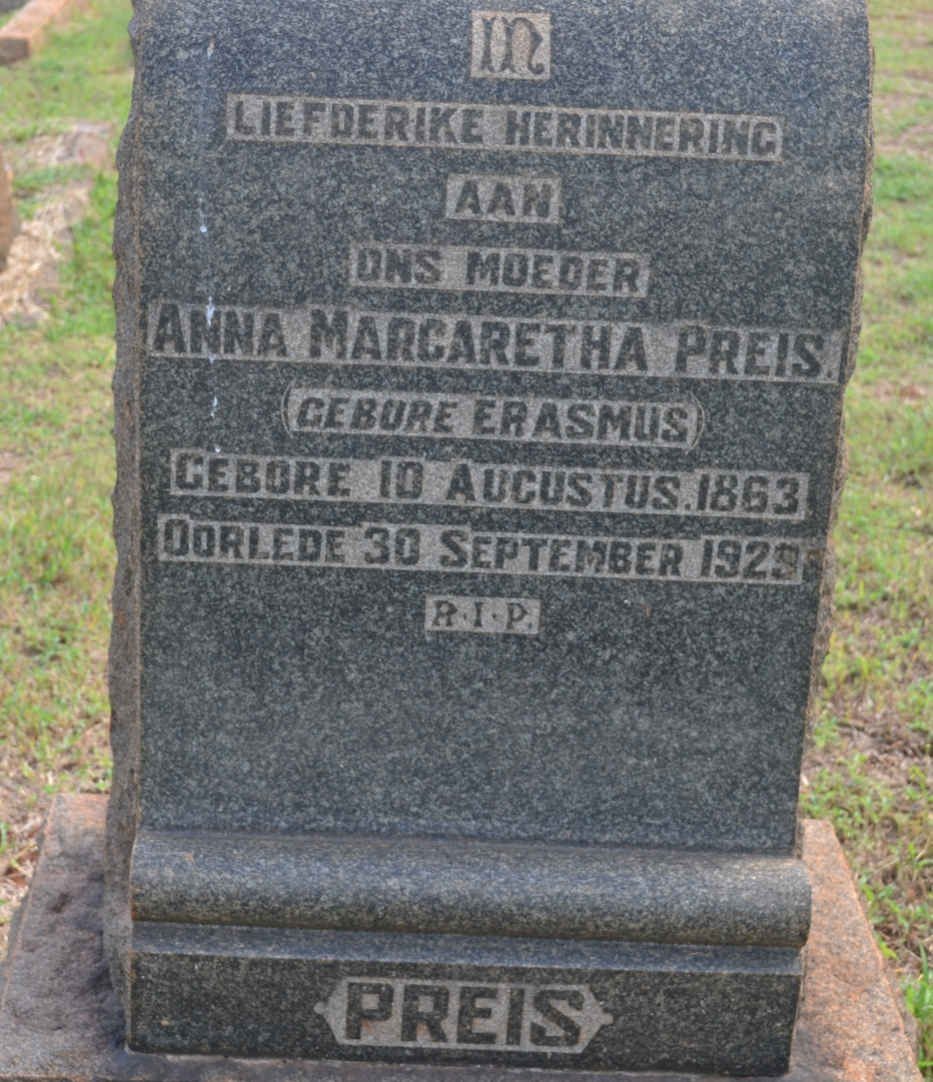 PREIS Anna Margaretha nee ERASMUS 1863-1929