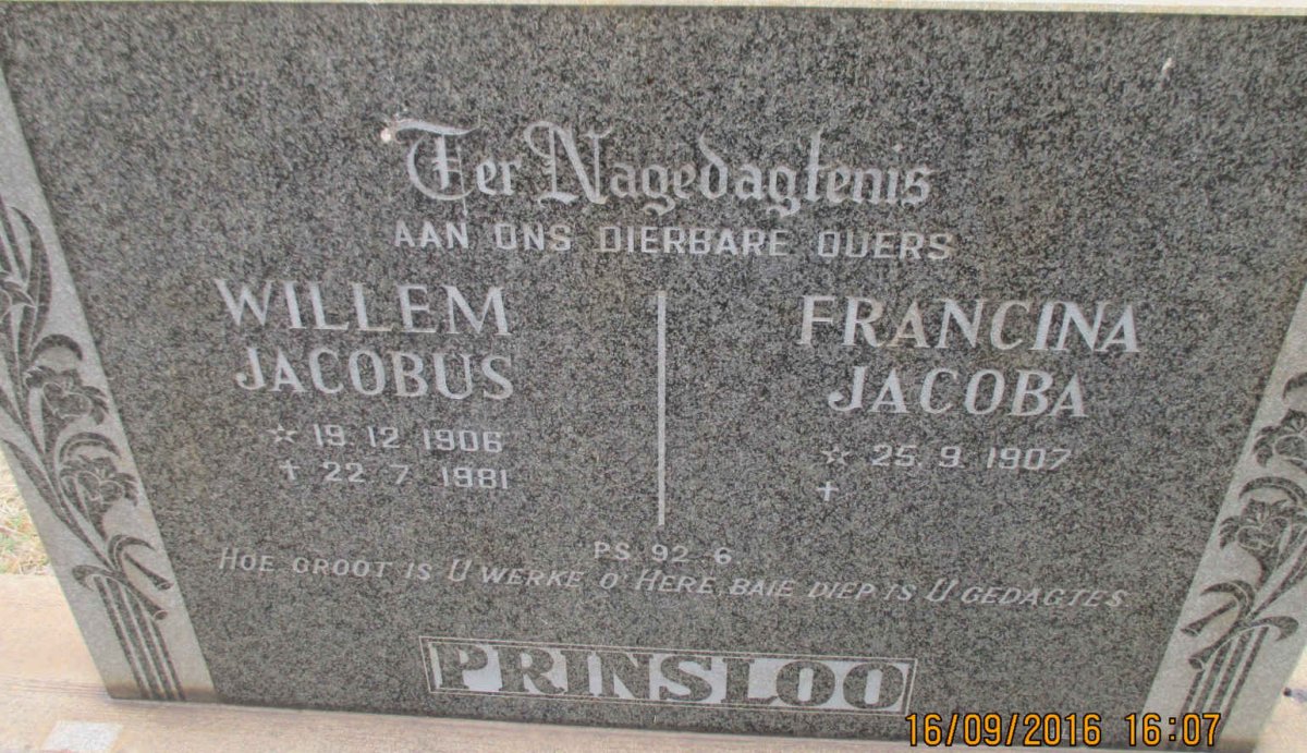 PRINSLOO Willem Jacobus 1906-1981 &amp; Francina Jacoba 1907-