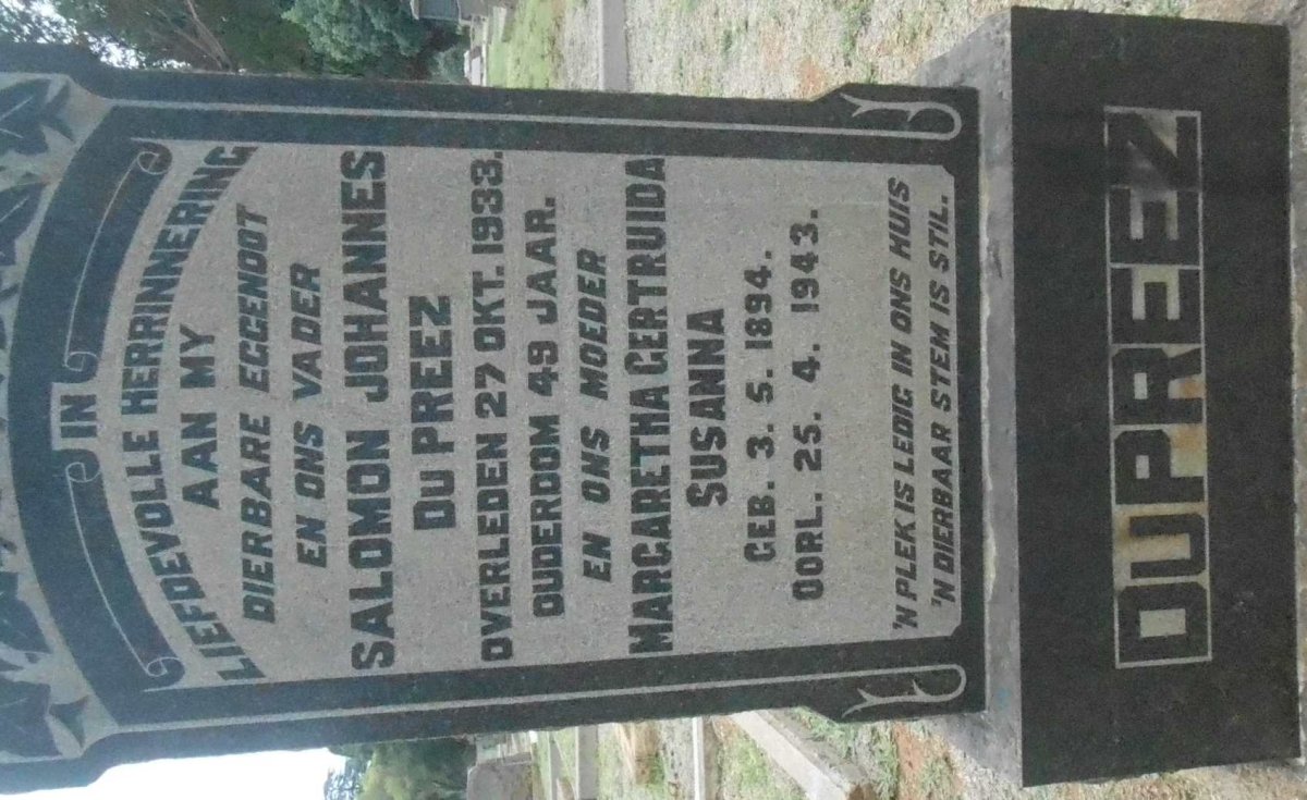 PREEZ Salomon Johannes, du -1933 &amp; Margaretha Gertruida Susanna 1894-1943