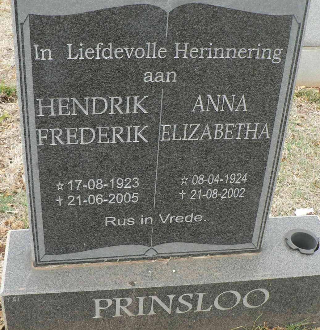 PRINSLOO Hendrik Frederik 1923-2005 &amp; Anna Elizabeth 1924-2002