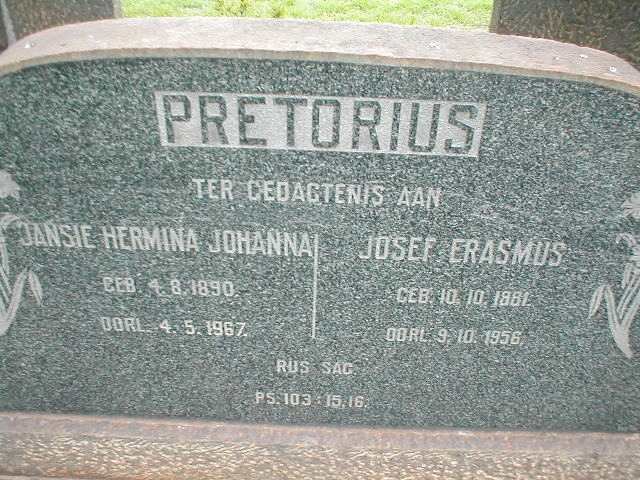PRETORIUS Josef Erasmus 1881-1956 &amp; Jansie Hermina Johanna 1890-1967