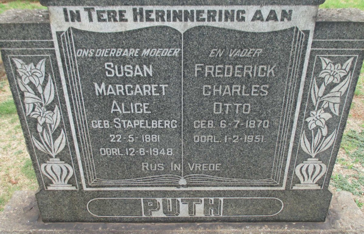PUTH Frederick Charles Otto 1870-1951 &amp; Susan Margaret Alice STAPELBERG 1881-1948