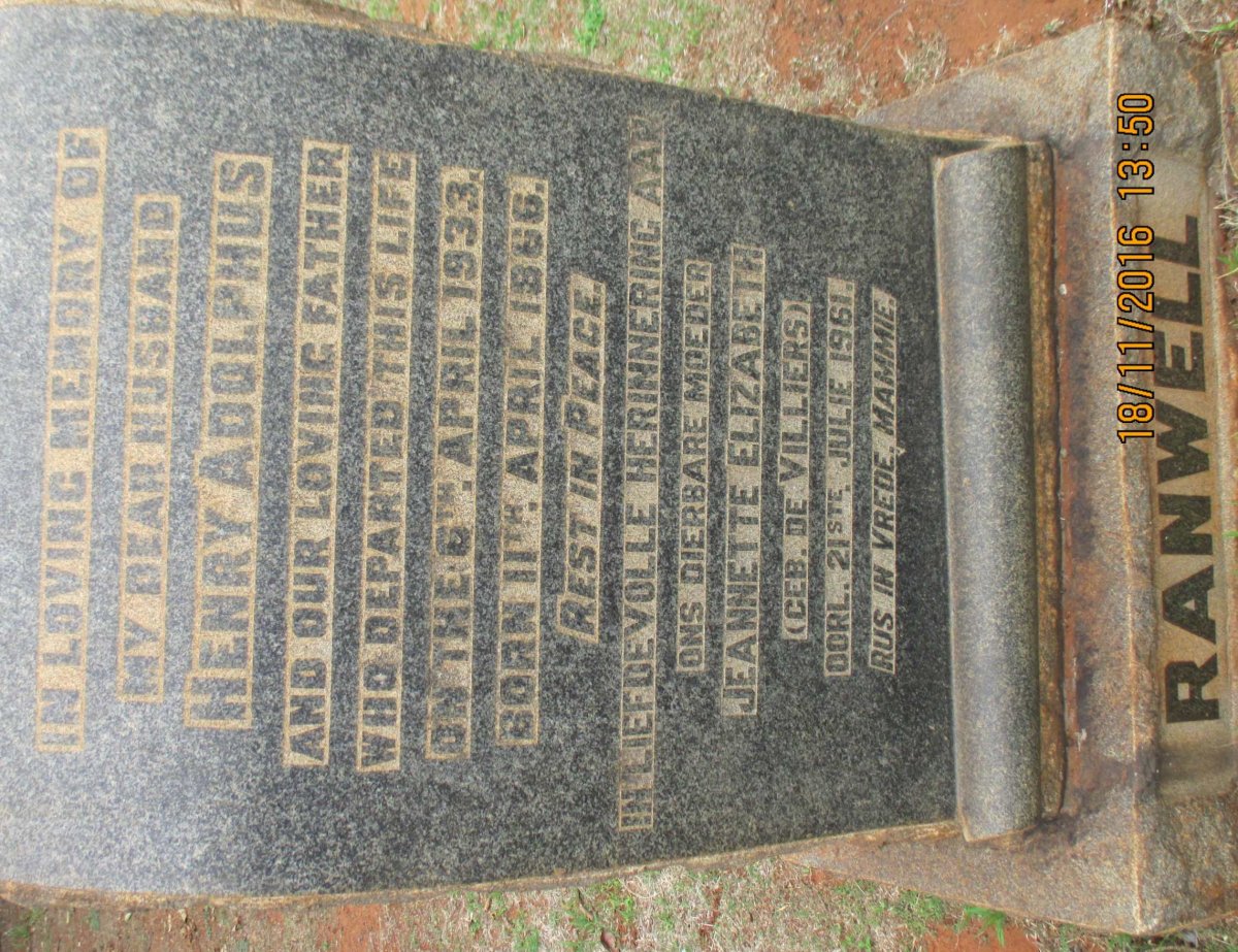 RANWELL Henry Adolphus 1866-1933 &amp; Jeannette Elizabeth DE VILLIERS -1961
