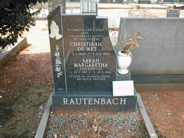 RAUTENBACH Christiaan De Wet 1903-1953 &amp; Sarah Margaretha BOSWELL 1911-1985