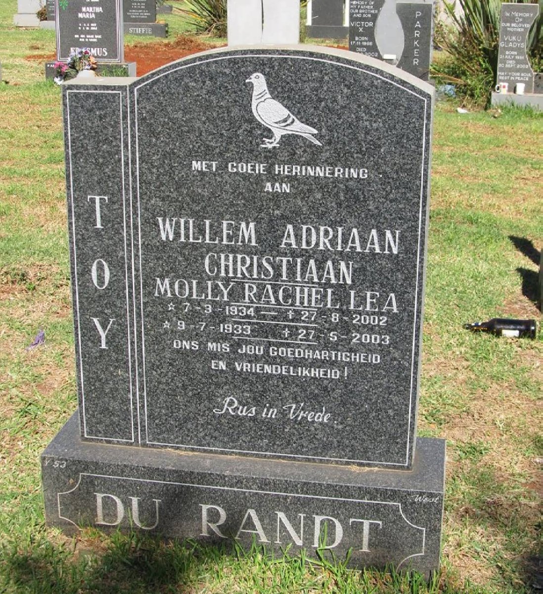 RANDT Willem Adriaan Christiaan, du 1934-2002 &amp; Molly Rachel Lea 1933-2003