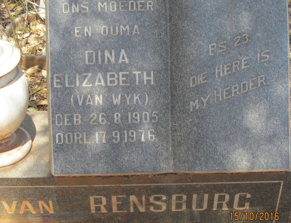 RENSBURG Dina Elizabeth, van nee VAN WYK 1905-1976