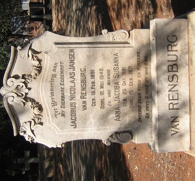RENSBURG Jacobus Nicolaas, Jansen van 1891-1914 &amp; Anna Jacoba Susanna 1891-1971