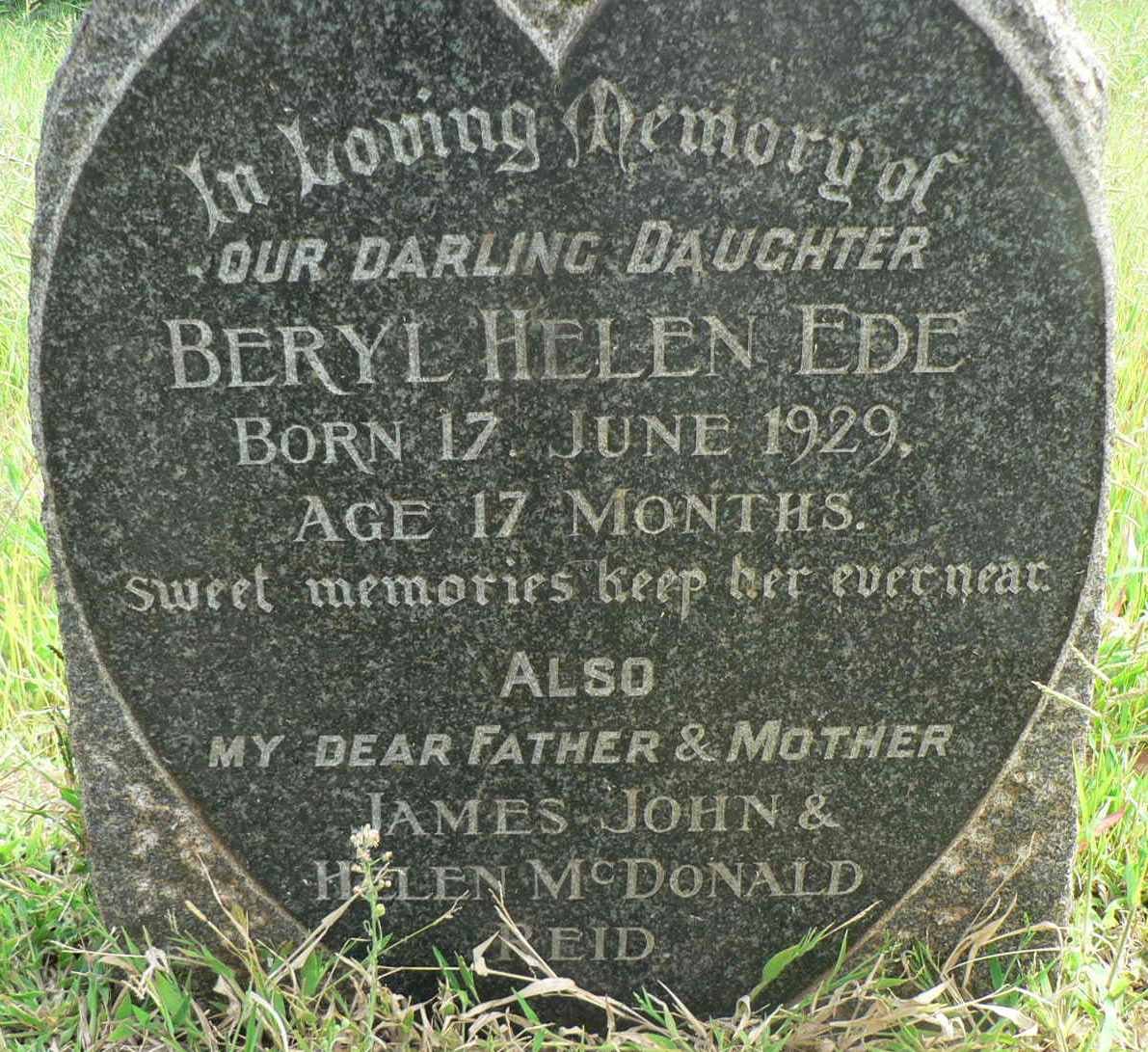 REID James John &amp; Helen McDonald :: EDE Beryl Helen -1929