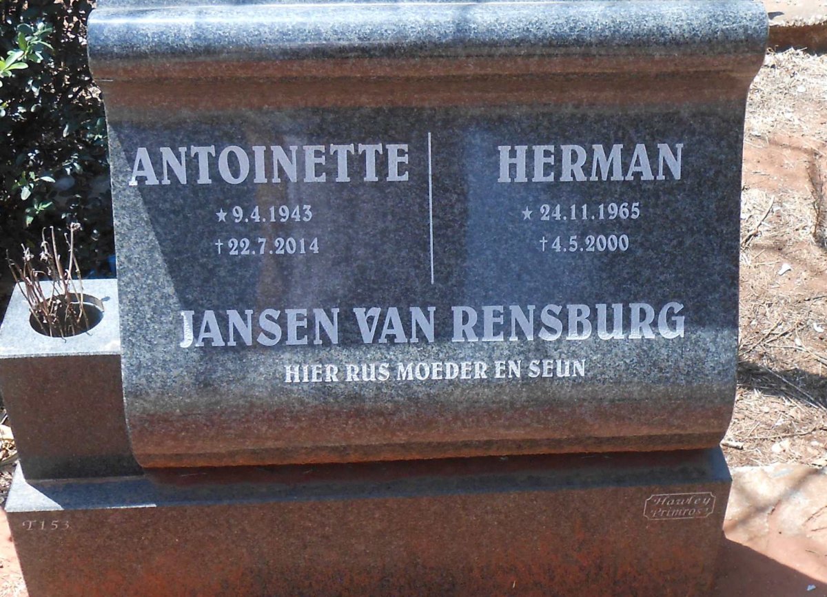 RENSBURG Antoinette, Jansen van 1943-2014 :: JANSEN VAN RENSBURG Herman 1965-2000