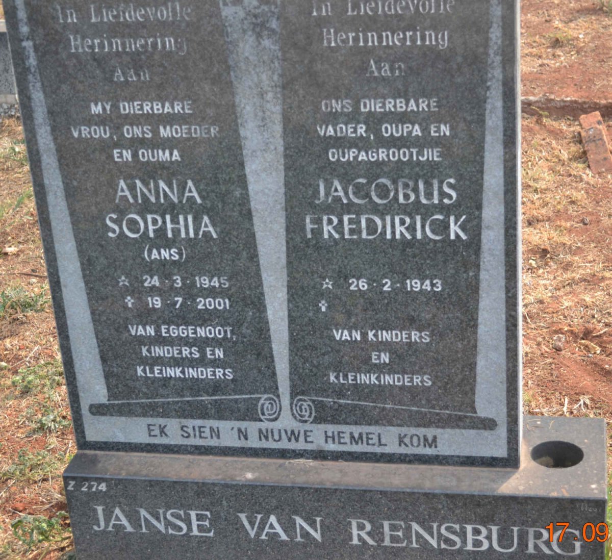 RENSBURG Jacobus Fredirick, Janse van 1943- &amp; Anna Sophia 1945-2001